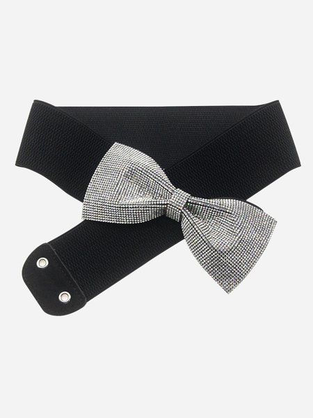 

Rhinestone Bowknot Pearl Elastic Elastic Wide Belt, Black, Accessories