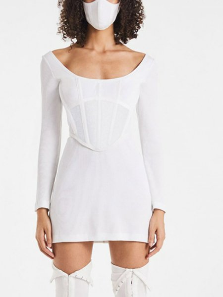 

Square Neck Elegant Fitted Dress, White, Mini Dresses