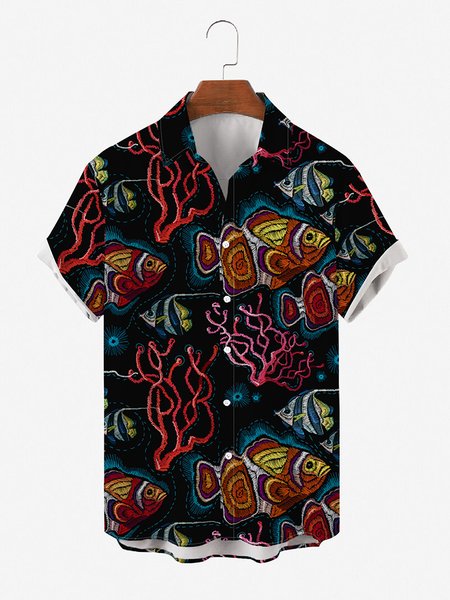 

Mens Ocean Print Retro Breathable Hawaiian Short Sleeve Shirt, Black, Men's Floral shirt