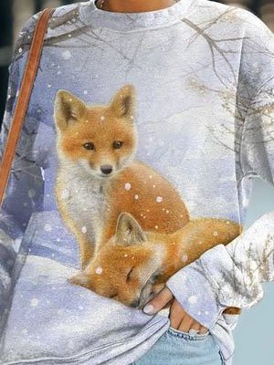 Foxes Printed Off Shoulder Cotton Blends Sweatshirt, Multicolor, Sweatshirts & Hoodies