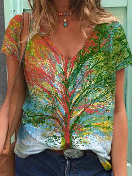 

Plant Print V Neck Short Sleeve Loosen T-Shirts, Multicolor, T-Shirts