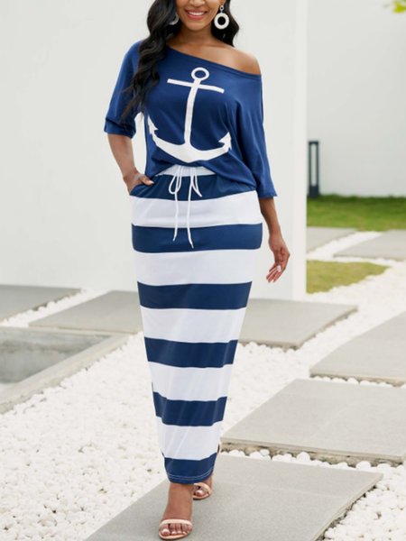 

Vibrant blue striped waist drawstring long dress, Casual Dresses