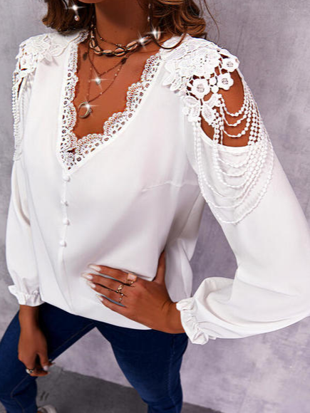

V Neck Fashion Lace Shirts & Tops, White, Shirts & Blouses
