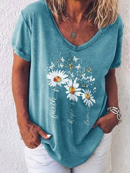 

Ladies Belief in Little Daisy Casual Short Sleeve V-neck Short Sleeve Top, Blue, T-shirts