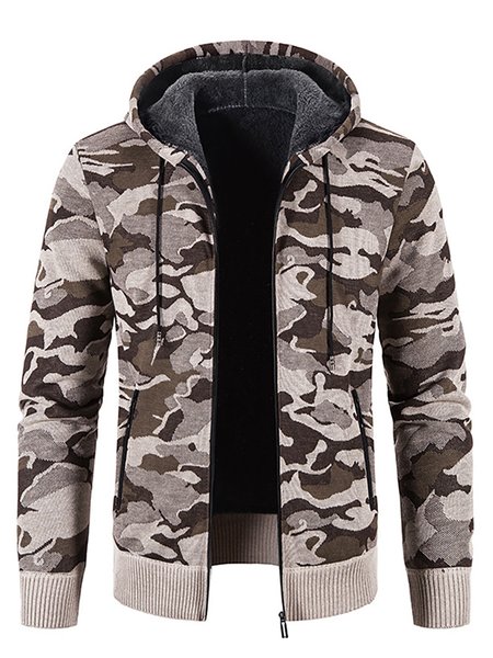 

Camouflage Graphic Long Sleeve Casual Plus Fleece Hooded Jacket, Off white, Jacket