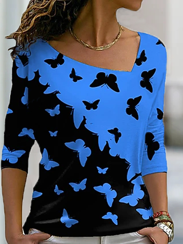 

Cotton Blends Butterfly Long Sleeve Shirts & Tops, Blue, Long sleeve tops