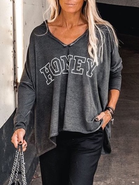 

Honey Letter Loosen V Neck Simple Long Sleeve T-shirt, Deep gray, T-Shirts