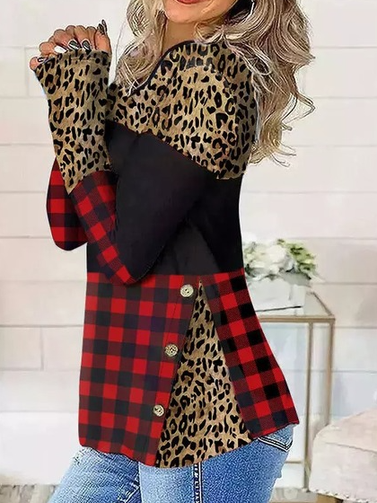 

V neck Fashion Leopard Shirts & Tops, Red, Tees & T-shirts