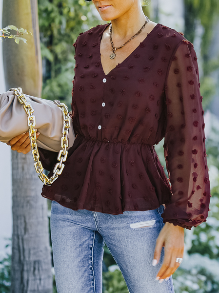 

Regular Fit V Neck Elegant Shirts & Tops, Wine red, Long sleeve tops