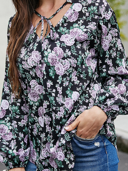 

V neck Floral Casual Loosen Shirts & Tops, Black, Long sleeve tops