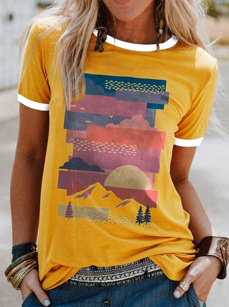 

Casual Crew Neck Landscape pattern printing Tops, Yellow, T-shirts