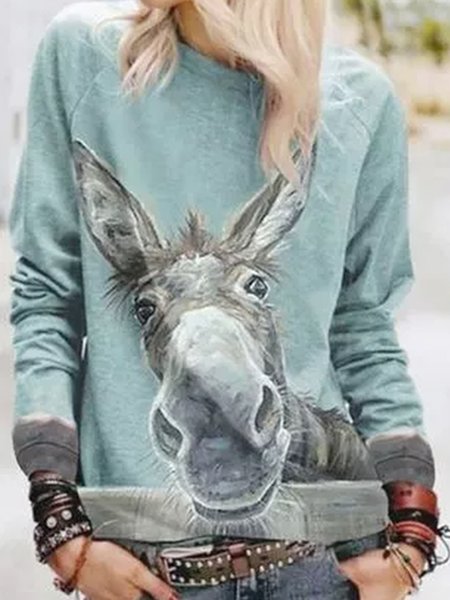 Tribal Elegant Crew Neck Shirts & Tops, Blue, Long sleeve tops