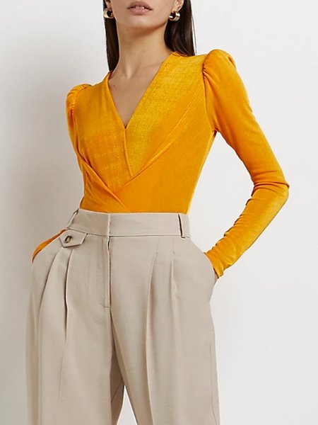 

V neck Casual Solid Puff Sleeve Shirt& Top, As picture, Blouses and Shirts