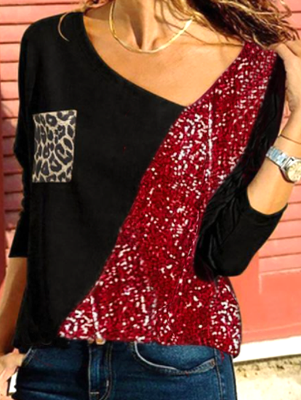 

Casual Loosen V Neck Shirts & Tops Leopard print black and red sequins irregular color contrast stitching top, Multicolor, Tops