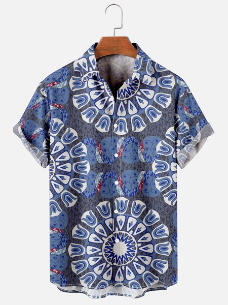 

Hawaiian Retro Hippie Men's Casual Short-sleeved Shirt, Blue, Men's Floral shirt