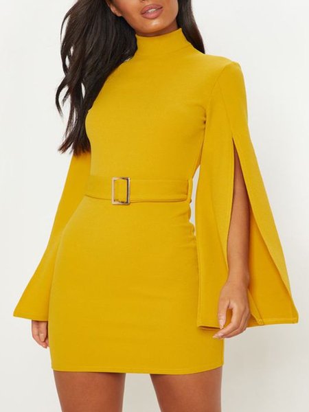 

Flare Sleeve Slit Vintage Regular Fit Dress, Yellow, Mini Skirts