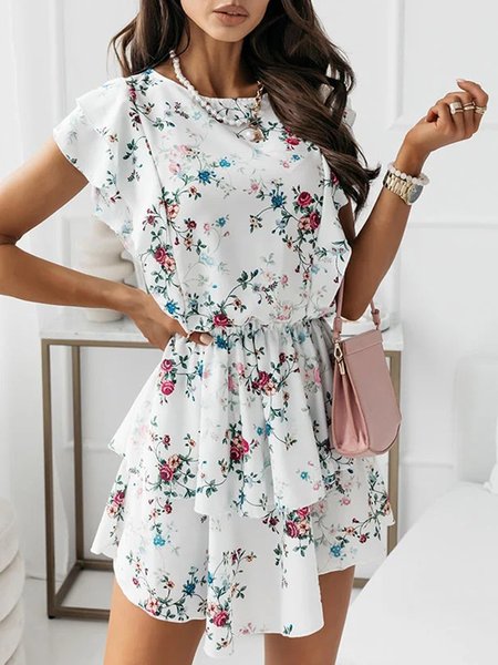 

Vibrant loose print ruffled sleeveless double layer dress, Aqua, Floral Dresses