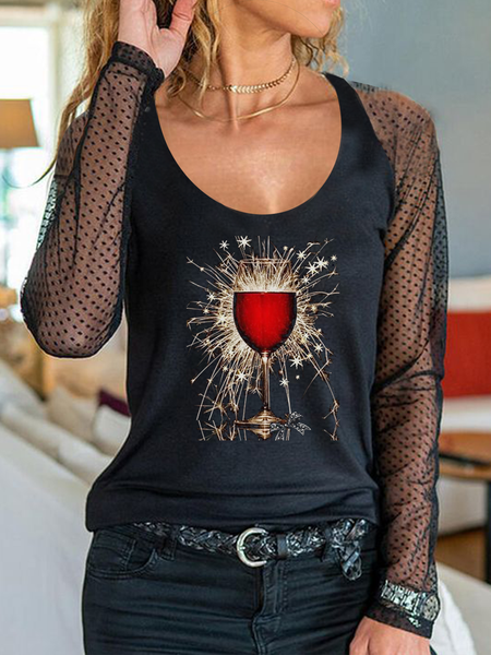 

Long sleeve crew neck plain stitched dot mesh fabric wine glass print top T-shirt Plus Size, Black, Long sleeve tops
