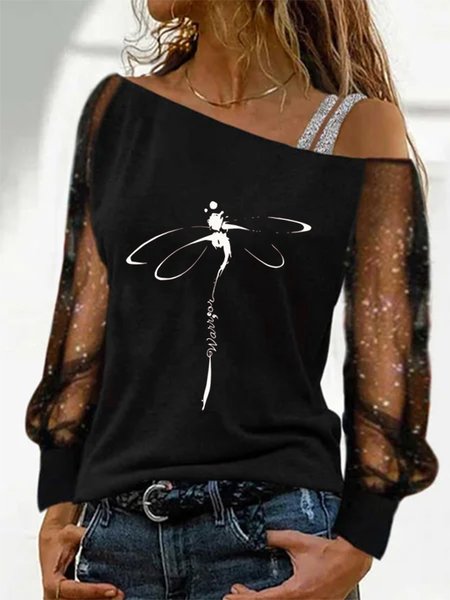 maglia Libellula Maniche Lunghe Casuale Top, Nero, T-Shirts