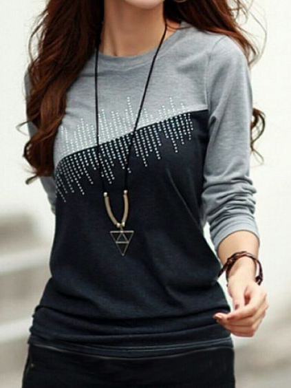 

Casual Shirts & Tops Irregular contrast color stitching hot diamond T-shirt, Black, Tops