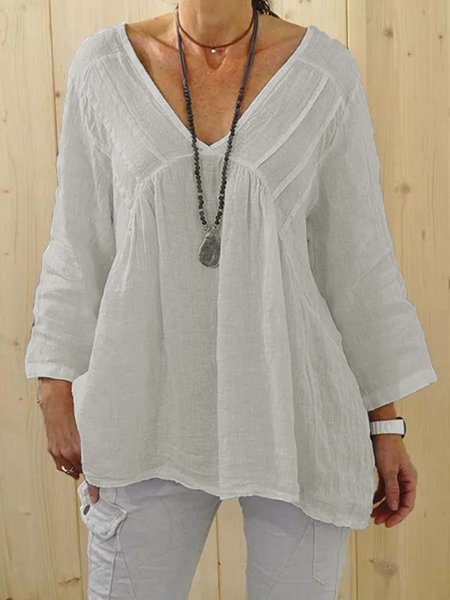 

Solid Loosen V Neck Long Sleeve Tops, White, Tops