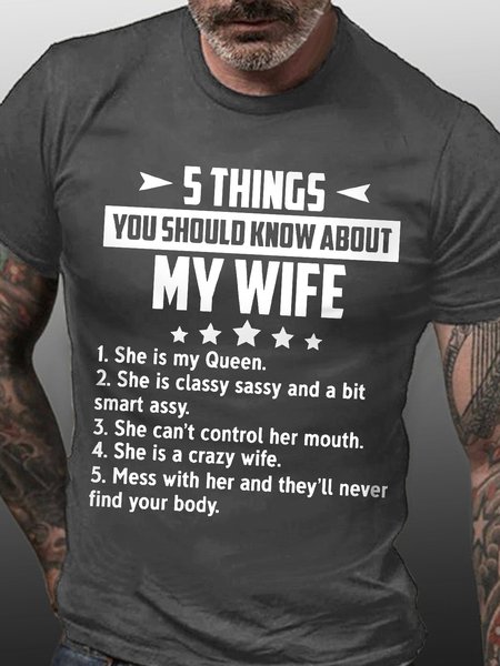 

5 Things You Should Know About My Wife Short Sleeve Crew Neck Tshirt, Deep gray, T-shirts