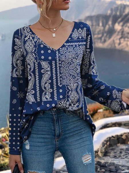 

Allentare Scollo a V Paisley Top, Fiore, T-Shirts