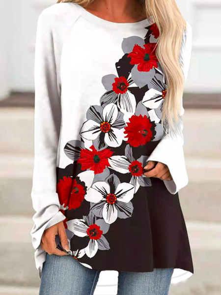 

Floreale Maniche Lunghe Casuale Top, Nero bianco, T-Shirts