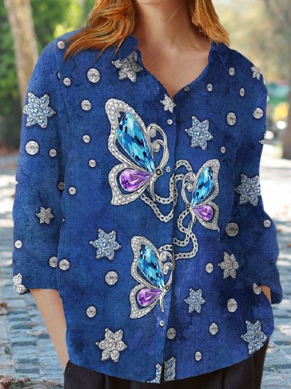 

Butterfly Printed Shirt Collar Loosen Long sleeve Shirts & Tops, Blue, Shirts & Blouses