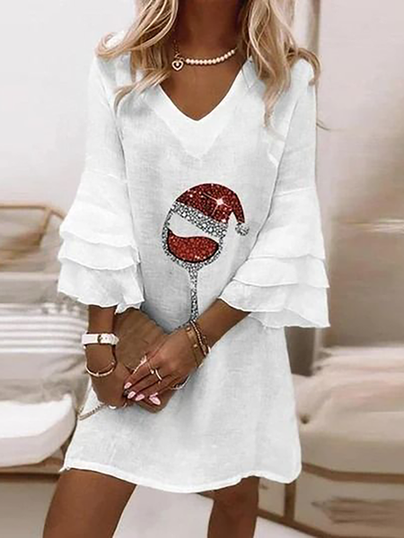 

Hot Drilling Christmas V Neck Casual Cotton Mini Dresses, White, Mini Dresses