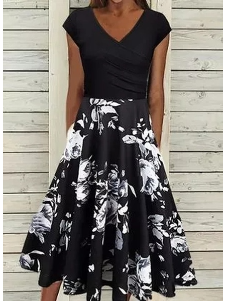 

Floral Casual Short Sleeve Cotton Blends V Neck Dresses, Black, Floral Dresses