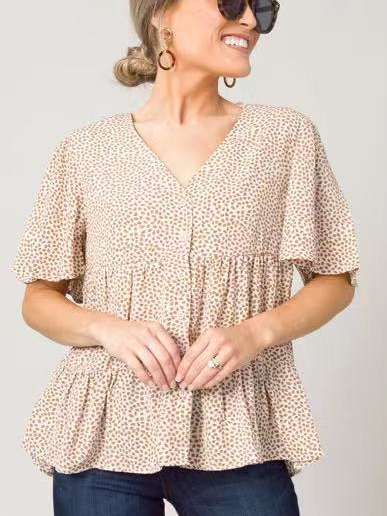 

Casual V Neck Polka Dots Shirts & Tops, As picture, Long sleeve tops