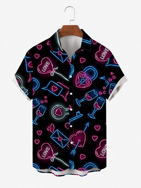 Mens St Valentine's day Love Heart Print Casual Breathable Short Sleeve Hawaiian Shirts, Black, Men's Floral shirt