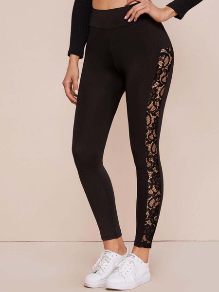 

Primavera Quotidiano Tinta unita Magro Pizzo Pantaloni, Nero, Leggings