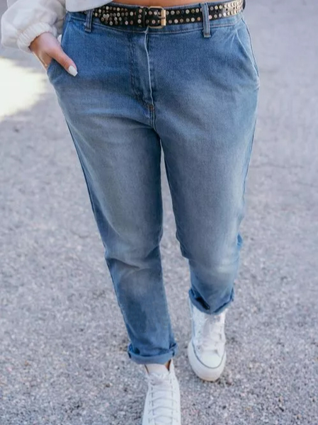 

Loose Buttons Zipper Pockets Mid Waist Polyester Jeans Pants, Blue, Pants