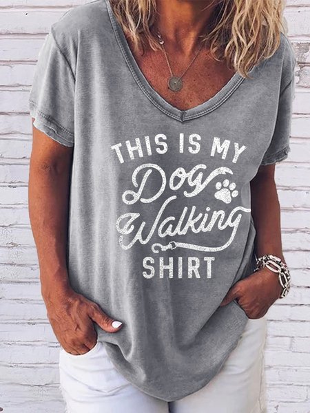 

Fun text printed V-neck short-sleeved T-shirt, Gray, T-shirts