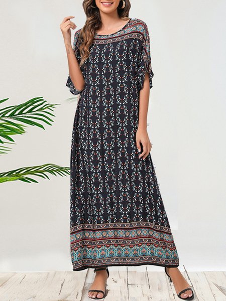 

Bohemian beach floral print dress on the shore, Black, Maxi Dresses