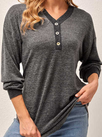 

Plain V Neck Long Sleeve Shirts & Tops, Gray, Tops