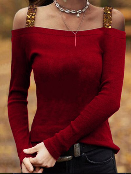

Off Shoulder Solid Regular Fit Sexy Long Sleeve Tops, Red, Tops