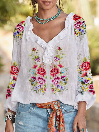 

Tribal Floral V Neck Regular Fit Shirts & Tops, White, Tops