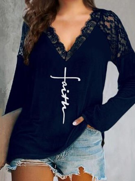 

Faith Printed Lace V Neck Casual Shirts & Tops, Dark blue, Tops