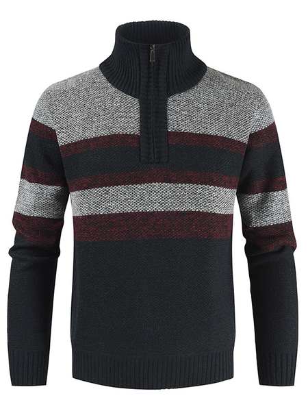 

Men's Thick Pullover Zipper Stand-Up Collar Striped Long-Sleeve Sweater, Navyblue, Sweater