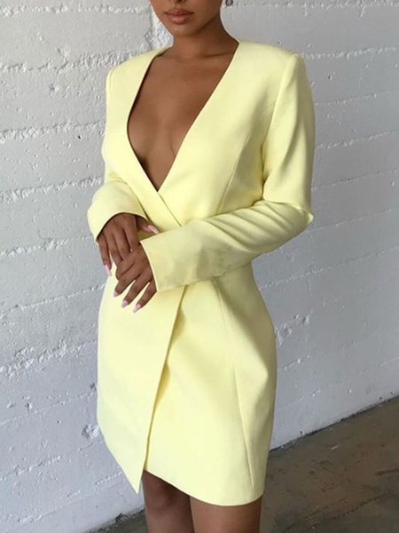 

Plain V Neck Regular Fit Mini Dress, Yellow, Midi Dresses