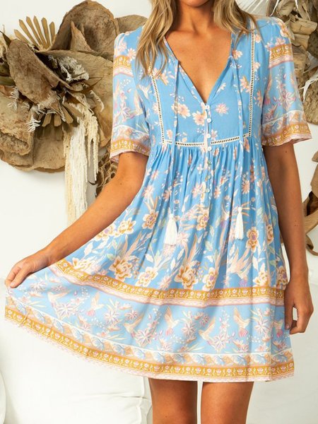 

V Neck Vacation Dresses, Blue, Mini Dresses