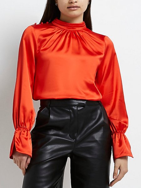 

Stand Collar Vintage Regular Fit Shirt & Top, Red, Blouses and Shirts