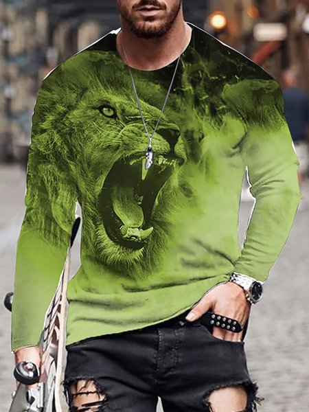 

3D Lion Graphic Long Sleeve Casual Round Neck Tee, Green, T-shirt