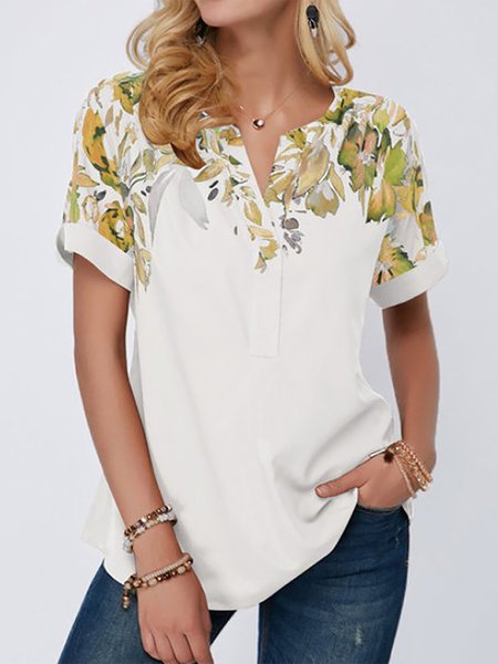 

Casual Floral Printed V Neck Short Sleeves Tops, Khaki, Tops