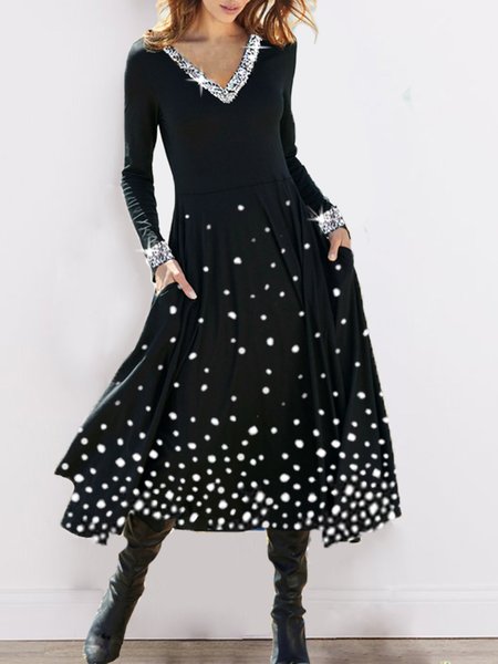 

Scollo a V Cotone miscele a pois paillettes Abito, Nero, Maxi Dresses