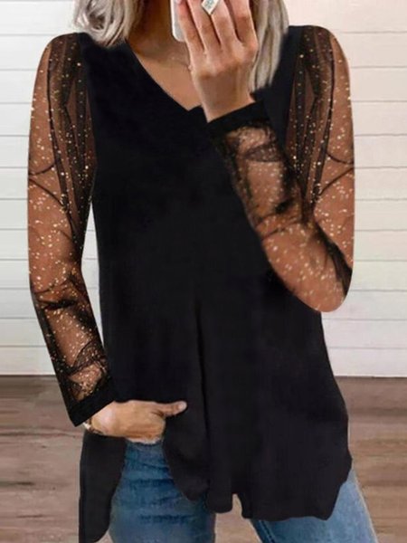 

Mesh Casual Long Sleeve V Neck Plus Size Tops T-shirts, Black, T-Shirts