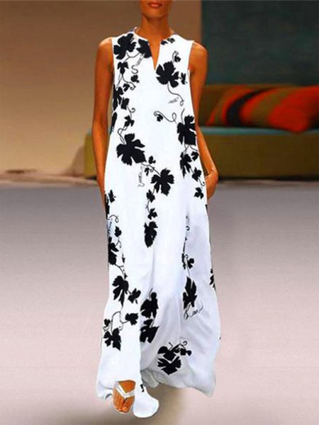 

Vacation Floral V Neck Dresses, White, Floral Dresses